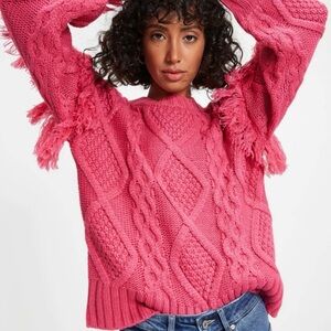Vici Sun Goes Down Cable Knit Fringe Pullover Sweater New